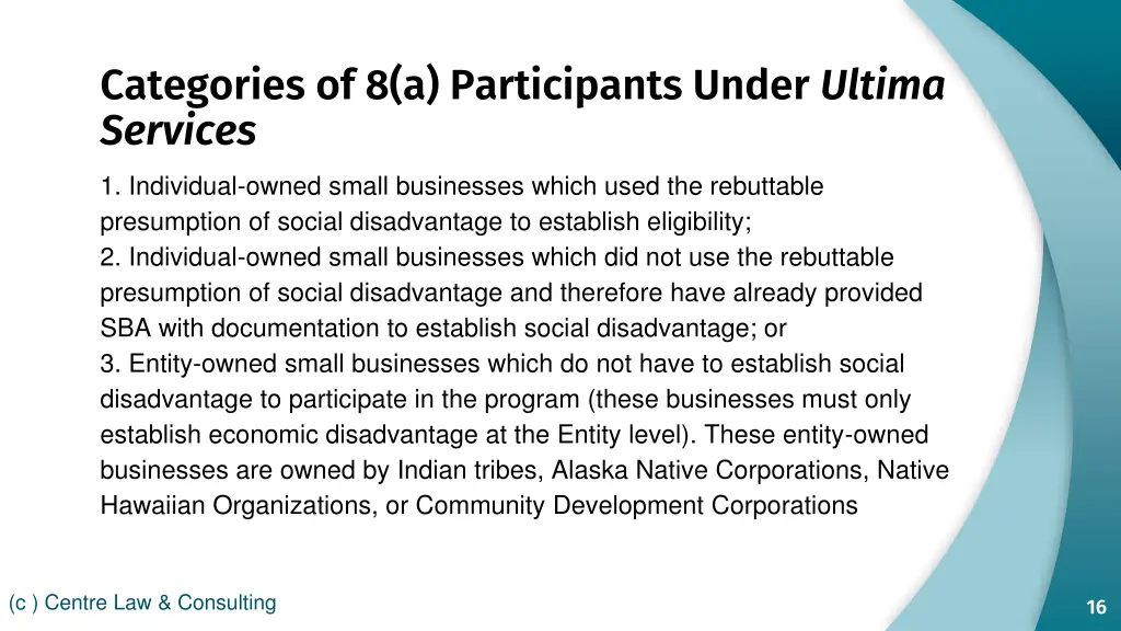 categories of 8 a participants under ultima