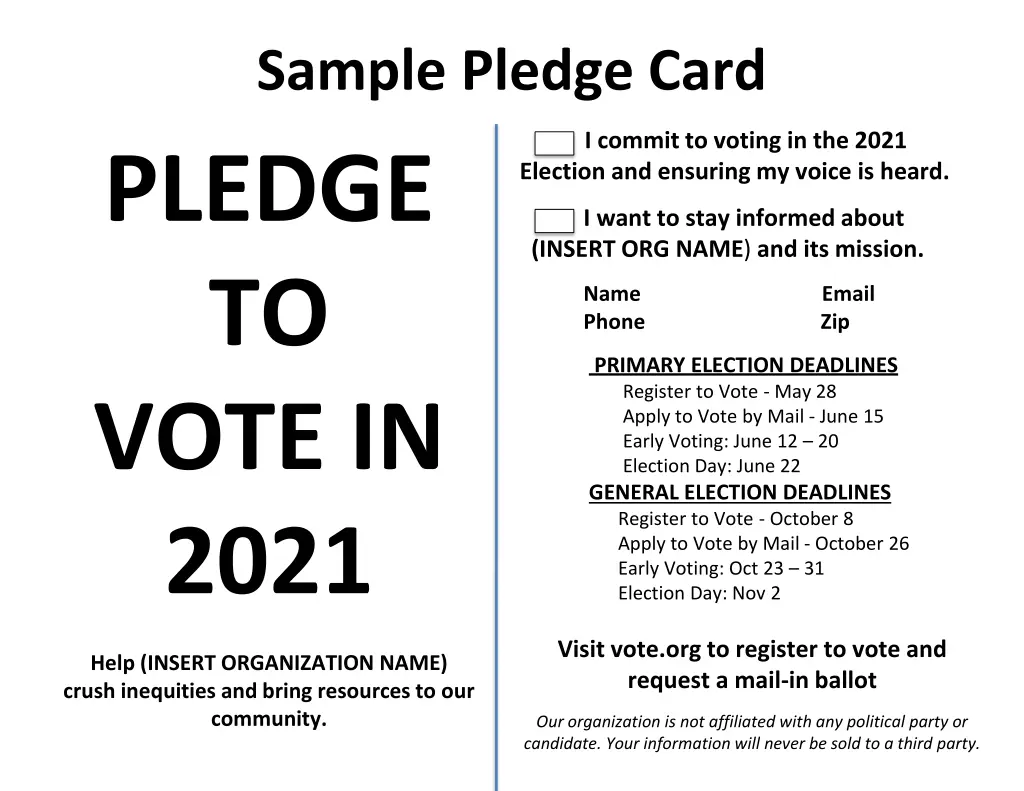 sample pledge card pledge to vote in 2021