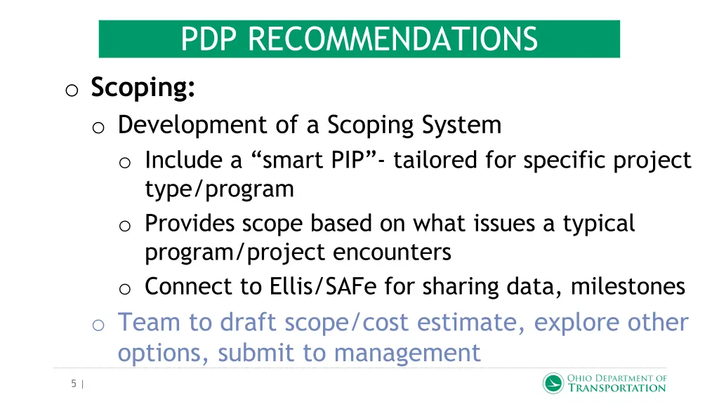 pdp recommendations o scoping o development