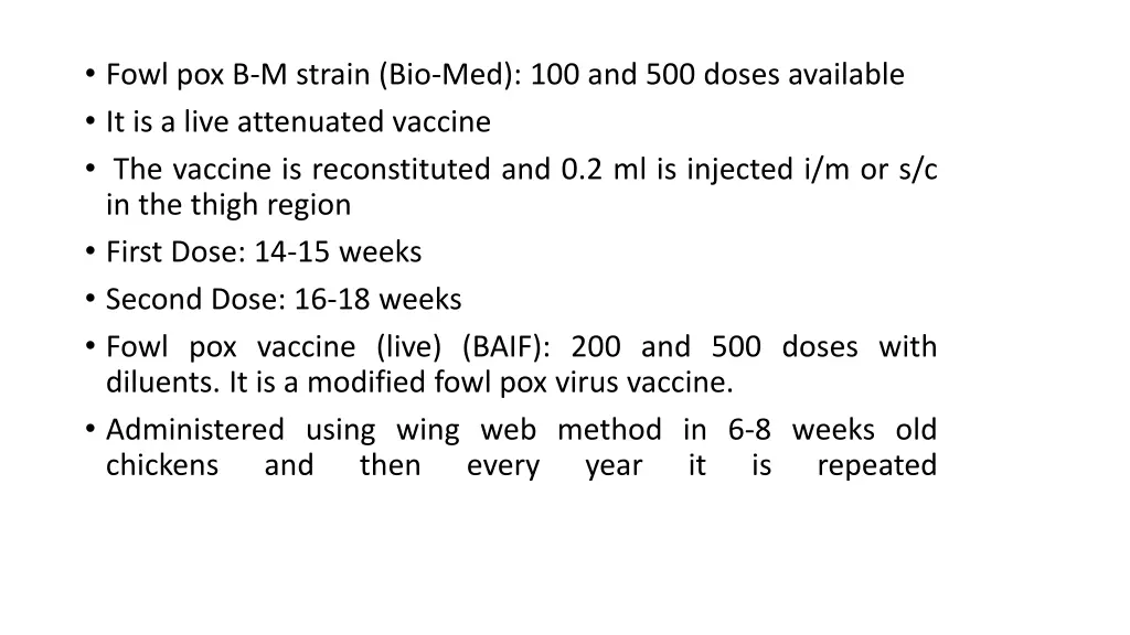 fowl pox b m strain bio med 100 and 500 doses