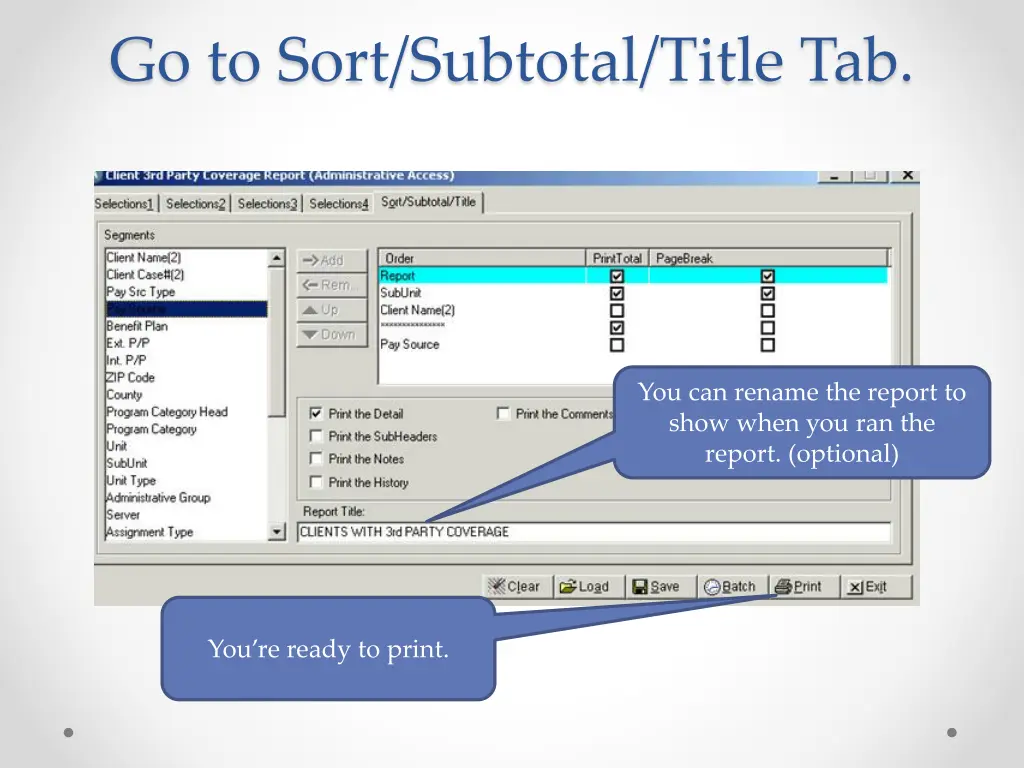 go to sort subtotal title tab
