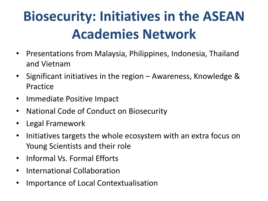 biosecurity initiatives in the asean academies