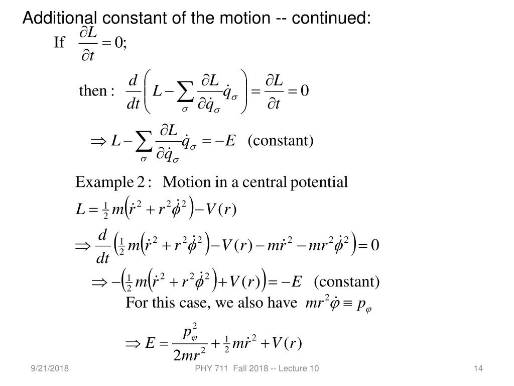 additional constant of the motion continued 0 if t