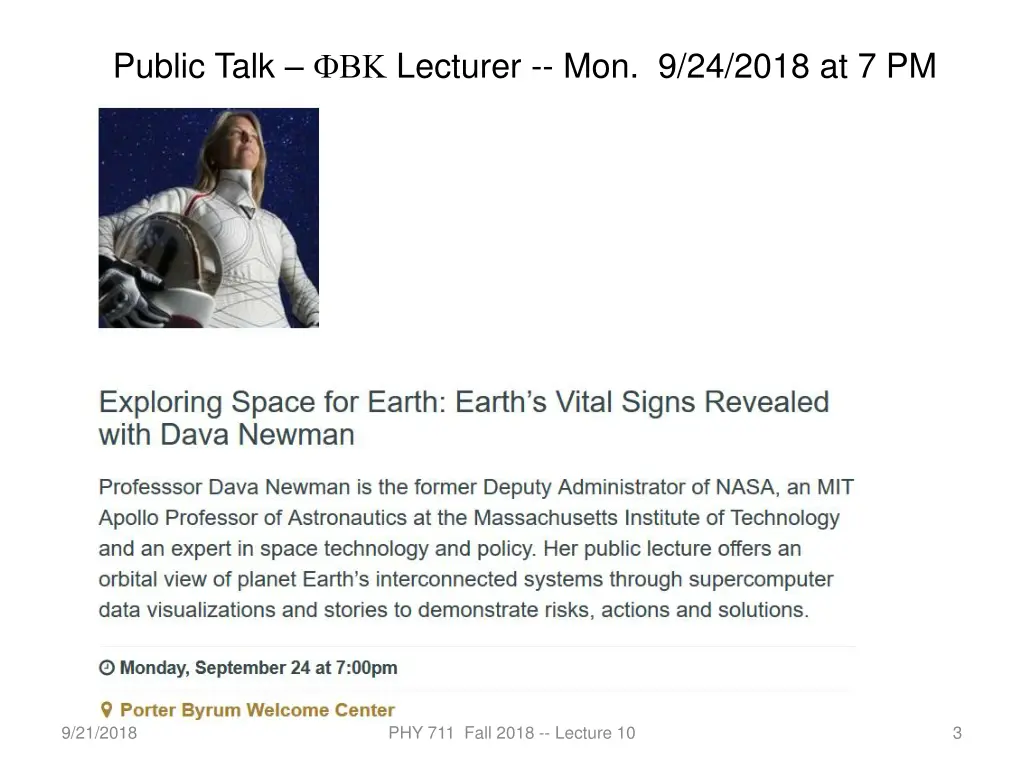 public talk lecturer mon 9 24 2018 at 7 pm