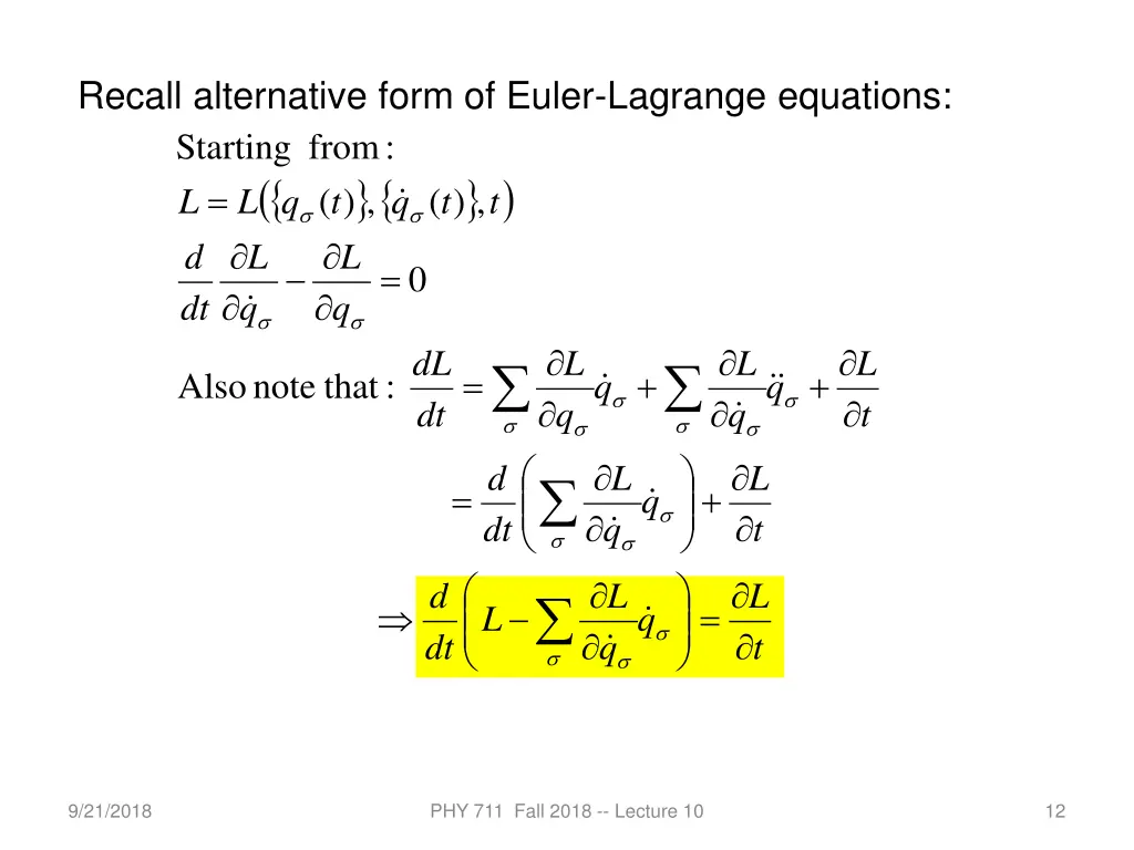 recall alternative form of euler lagrange