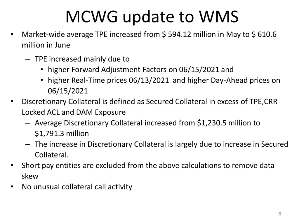mcwg update to wms market wide average