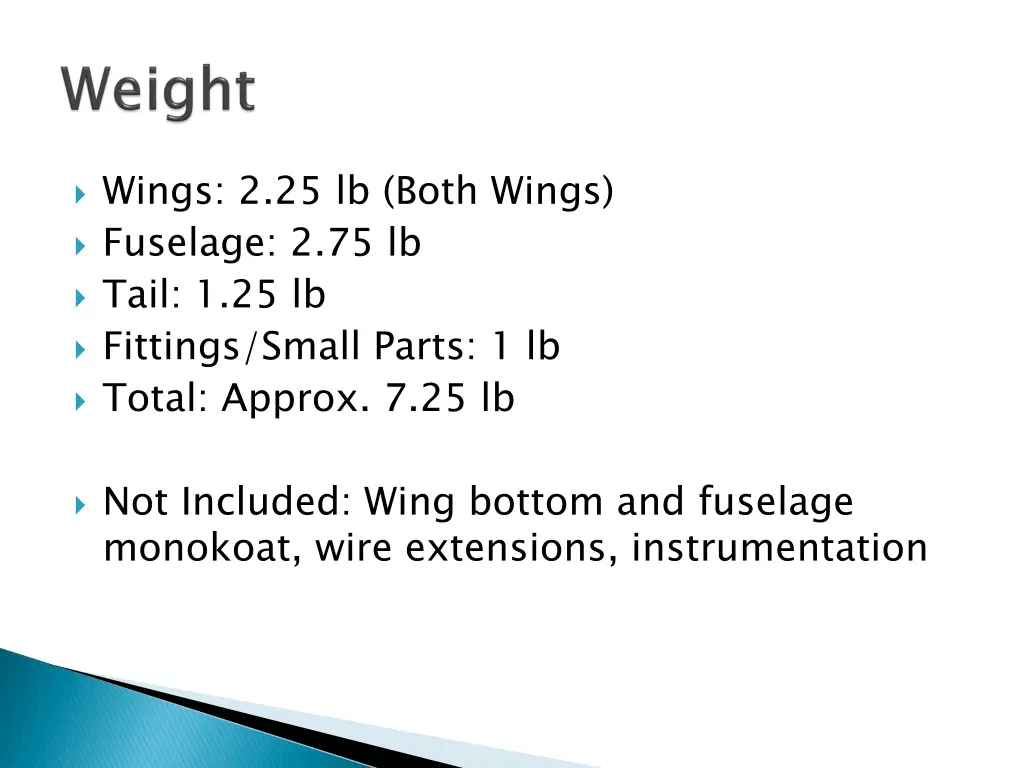 wings 2 25 lb both wings fuselage 2 75 lb tail