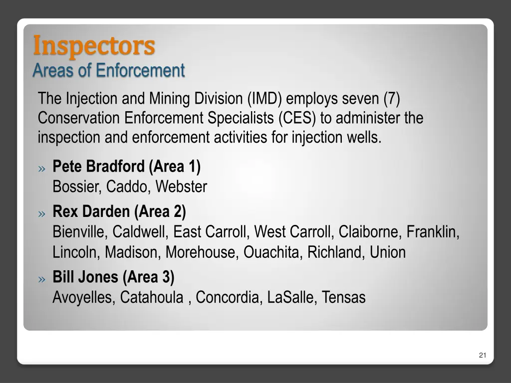 inspectors inspectors areas of enforcement
