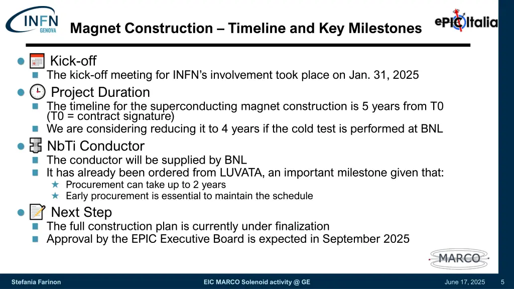 magnet construction timeline and key milestones