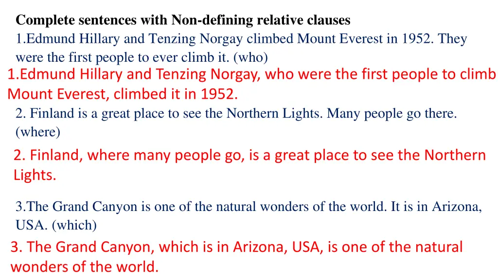 complete sentences with non defining relative