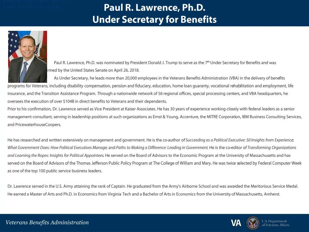 paul r lawrence ph d under secretary for benefits