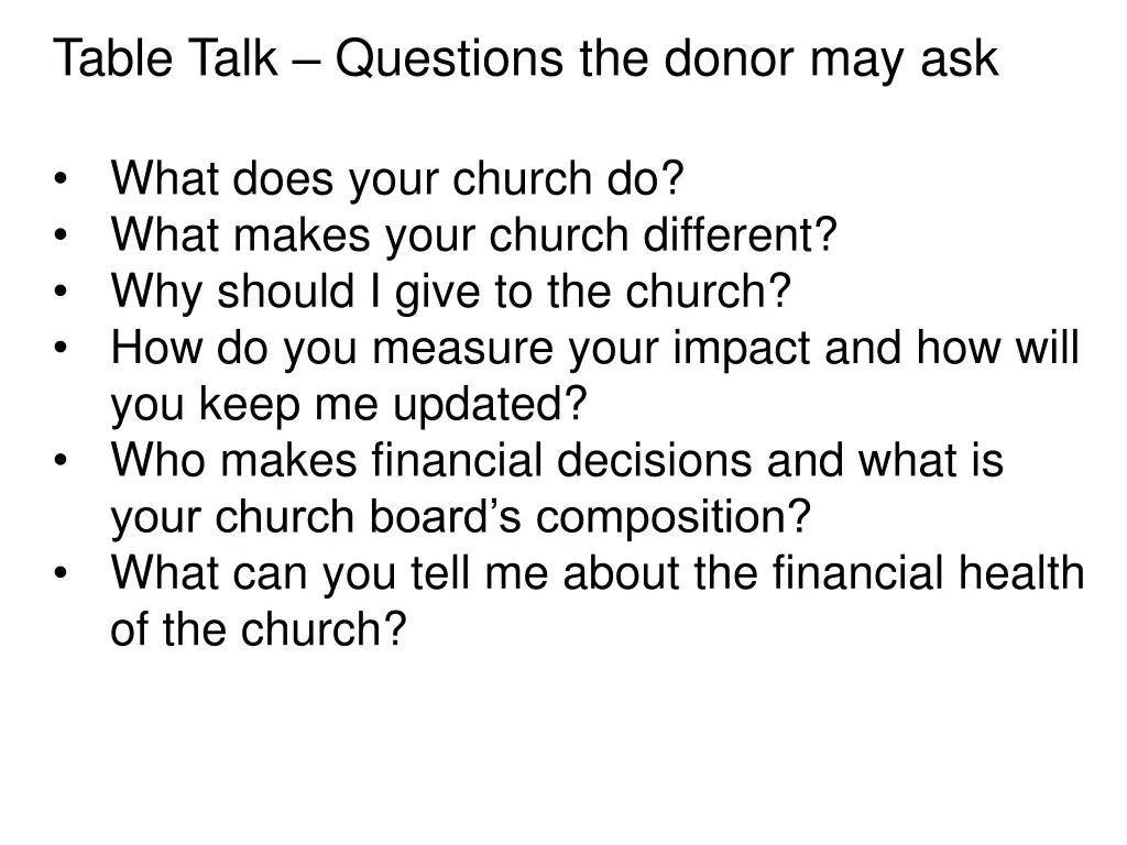 table talk questions the donor may ask