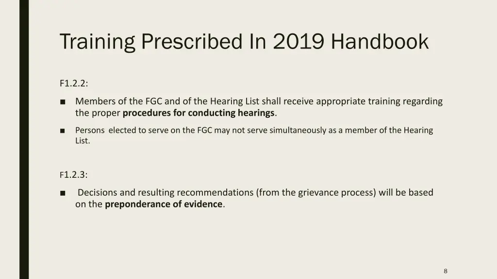training prescribed in 2019 handbook