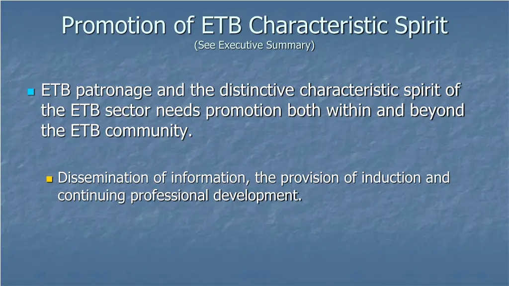 promotion of etb characteristic spirit