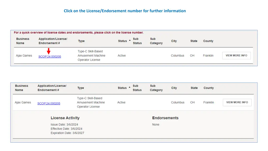 click on the license endorsement number