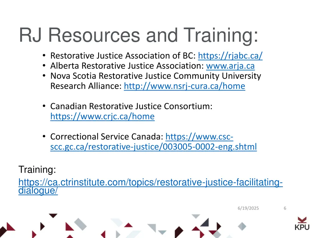 rj resources and training restorative justice