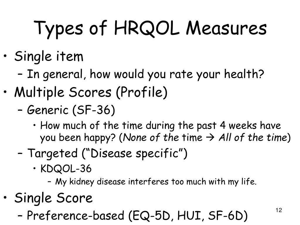types of hrqol measures single item in general