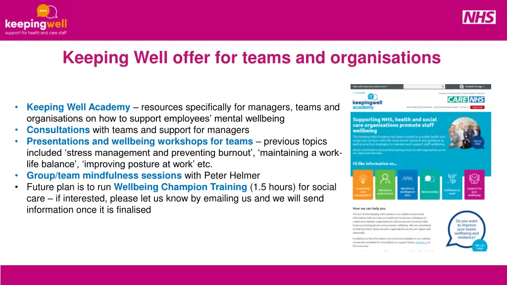 keeping well offer for teams and organisations
