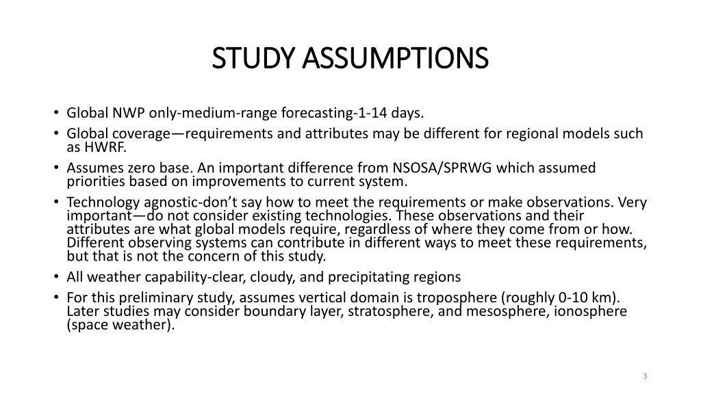study assumptions study assumptions
