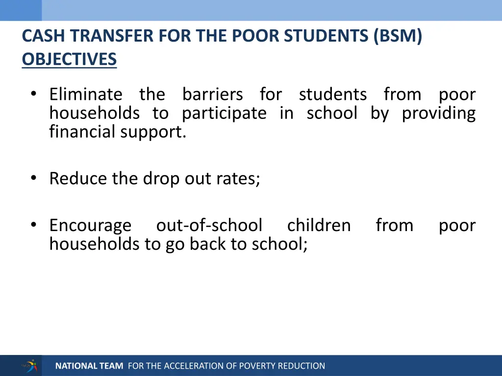 cash transfer for the poor students bsm objectives