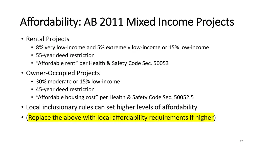 affordability ab 2011 mixed income projects