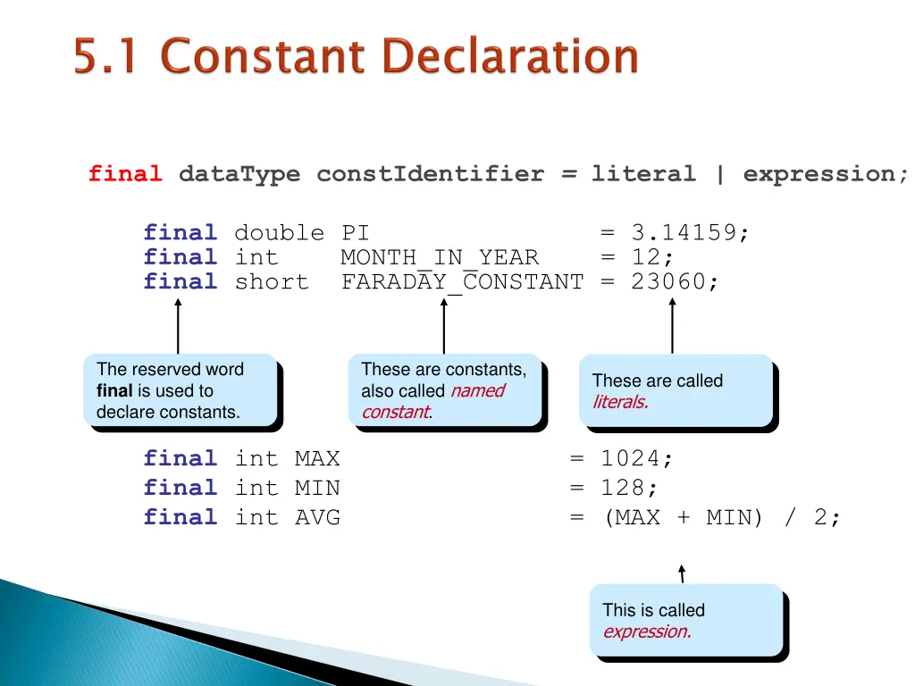 final datatype constidentifier literal expression