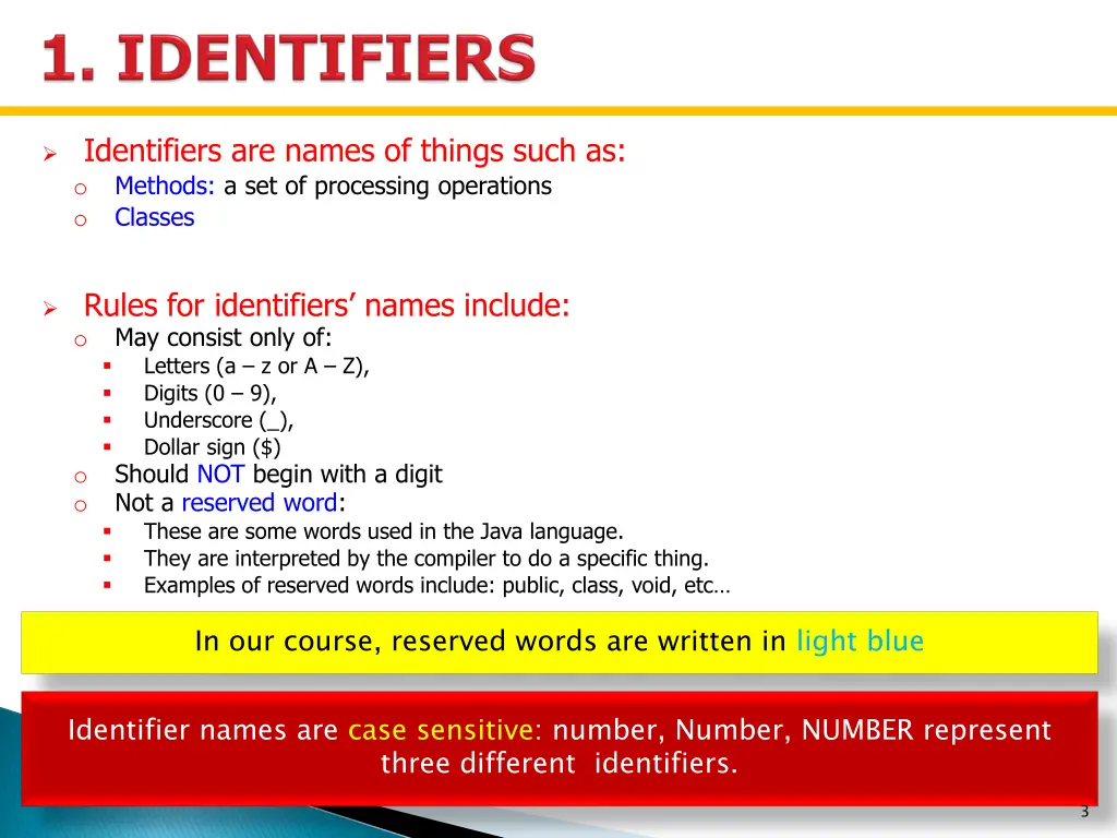 identifiers are names of things such as o methods
