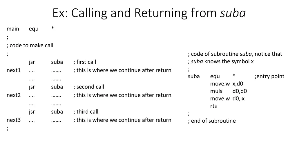 ex calling and returning from suba