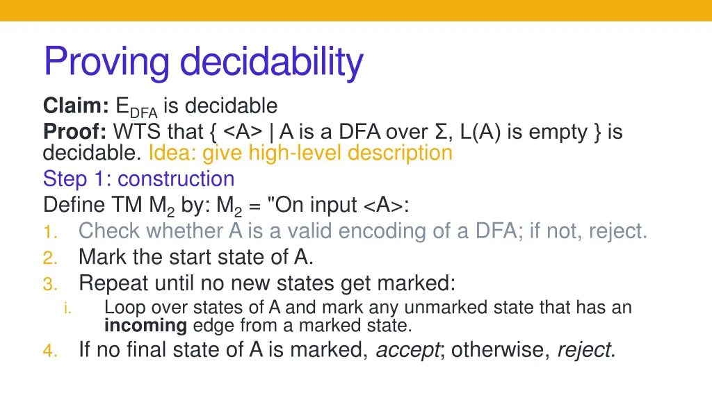 proving decidability claim e dfa is decidable