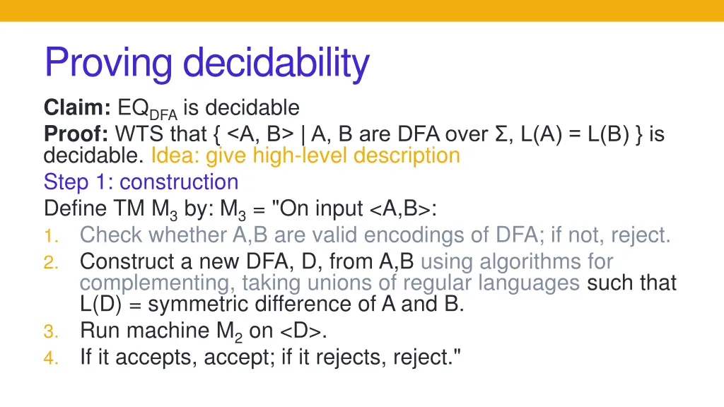proving decidability claim eq dfa is decidable