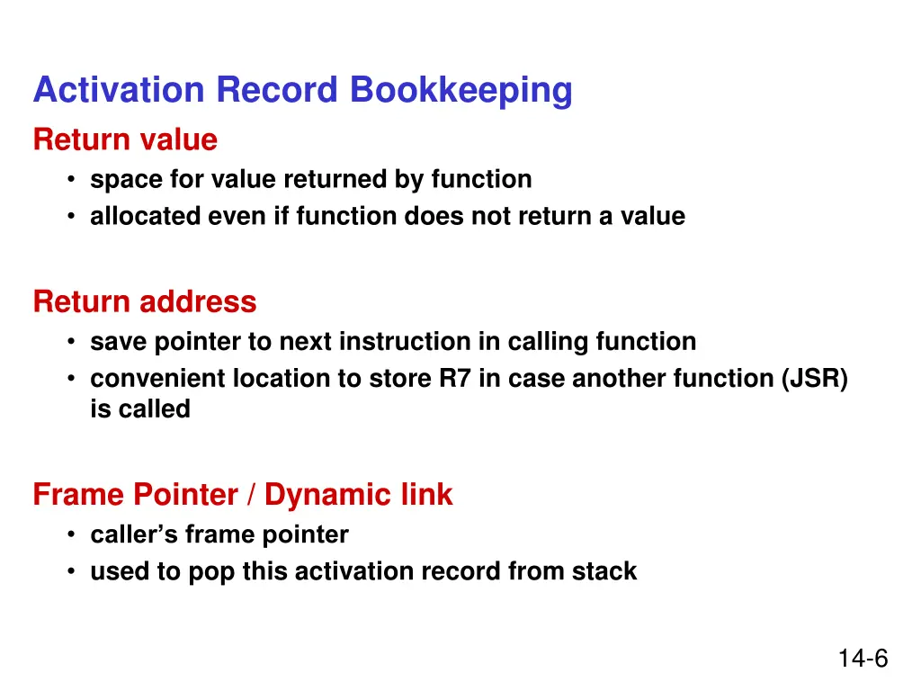 activation record bookkeeping return value space