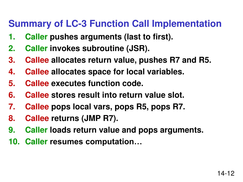 summary of lc 3 function call implementation