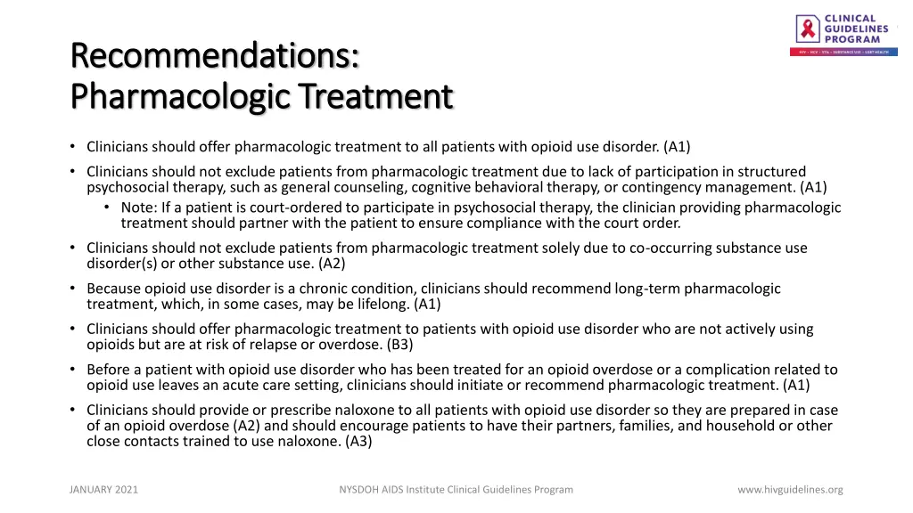 recommendations recommendations pharmacologic