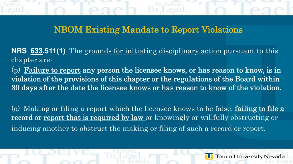 nbom existing mandate to report violations nbom