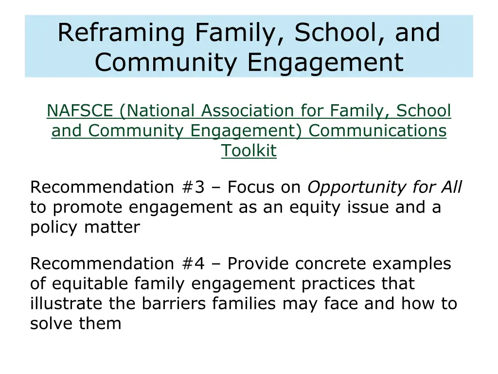 reframing family school and community engagement