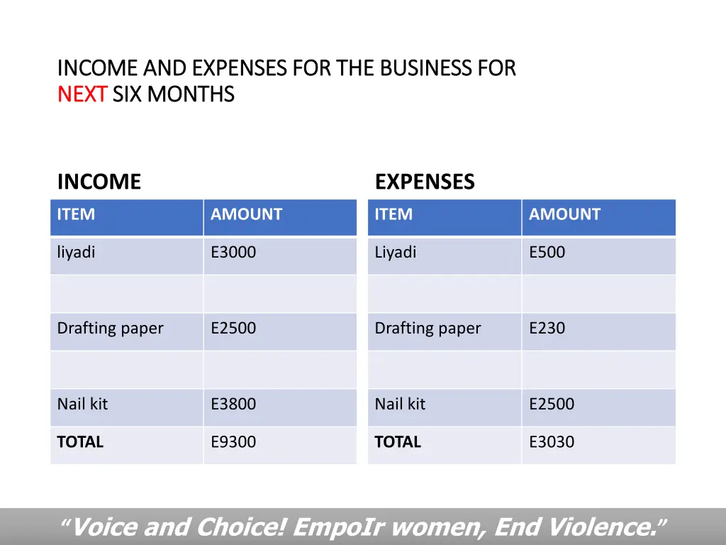 income and expenses for the business for income 1