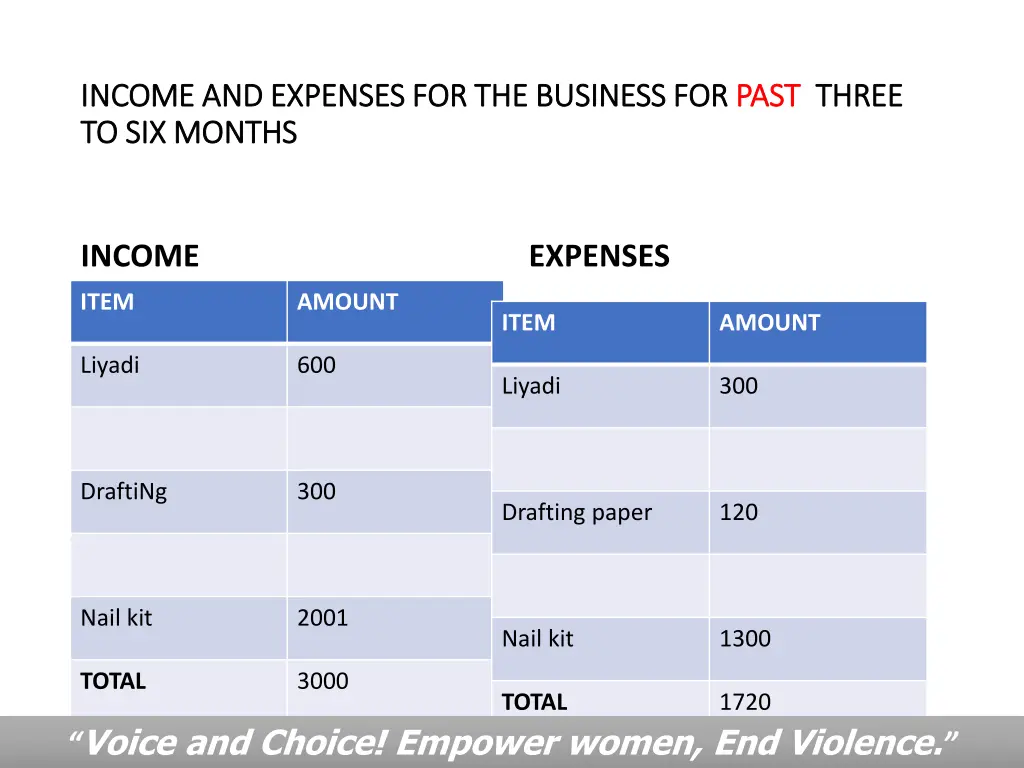 income and expenses for the business for income