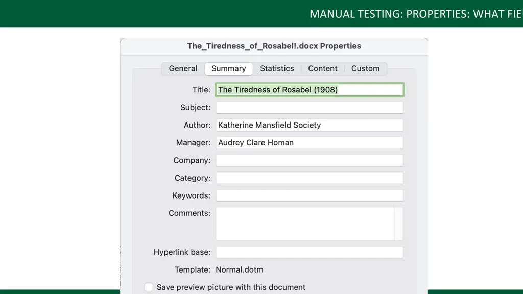 manual testing properties what fields