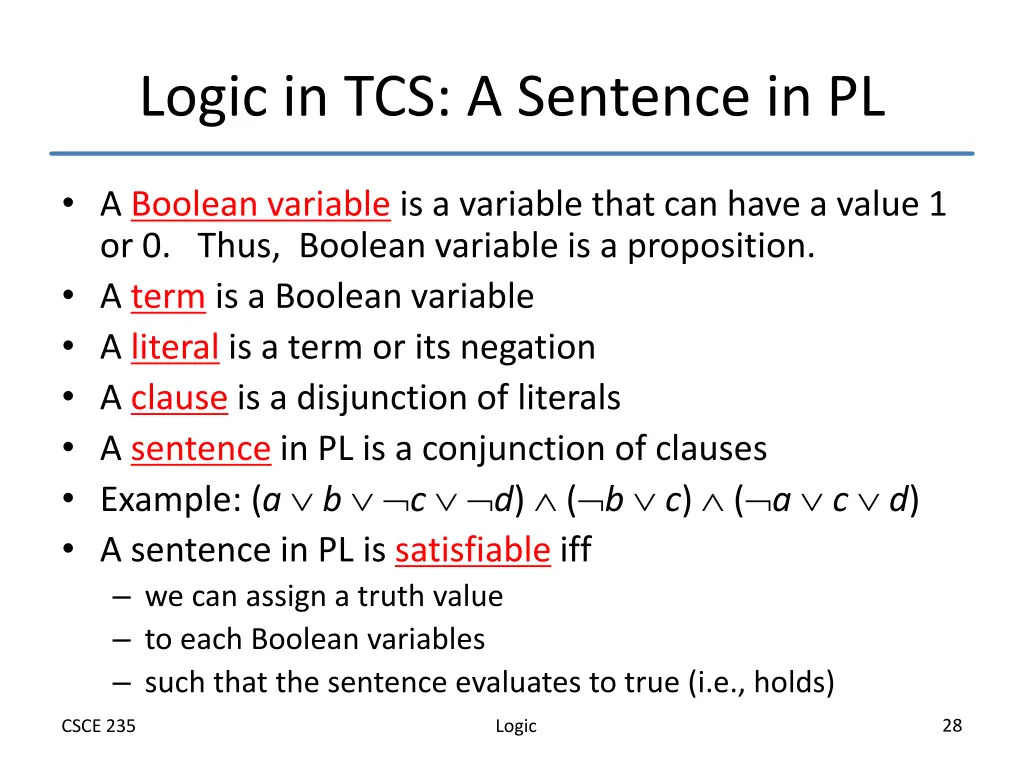 logic in tcs a sentence in pl