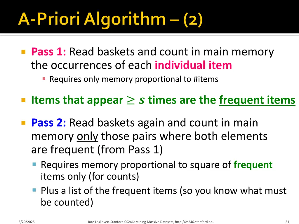 pass 1 read baskets and count in main memory