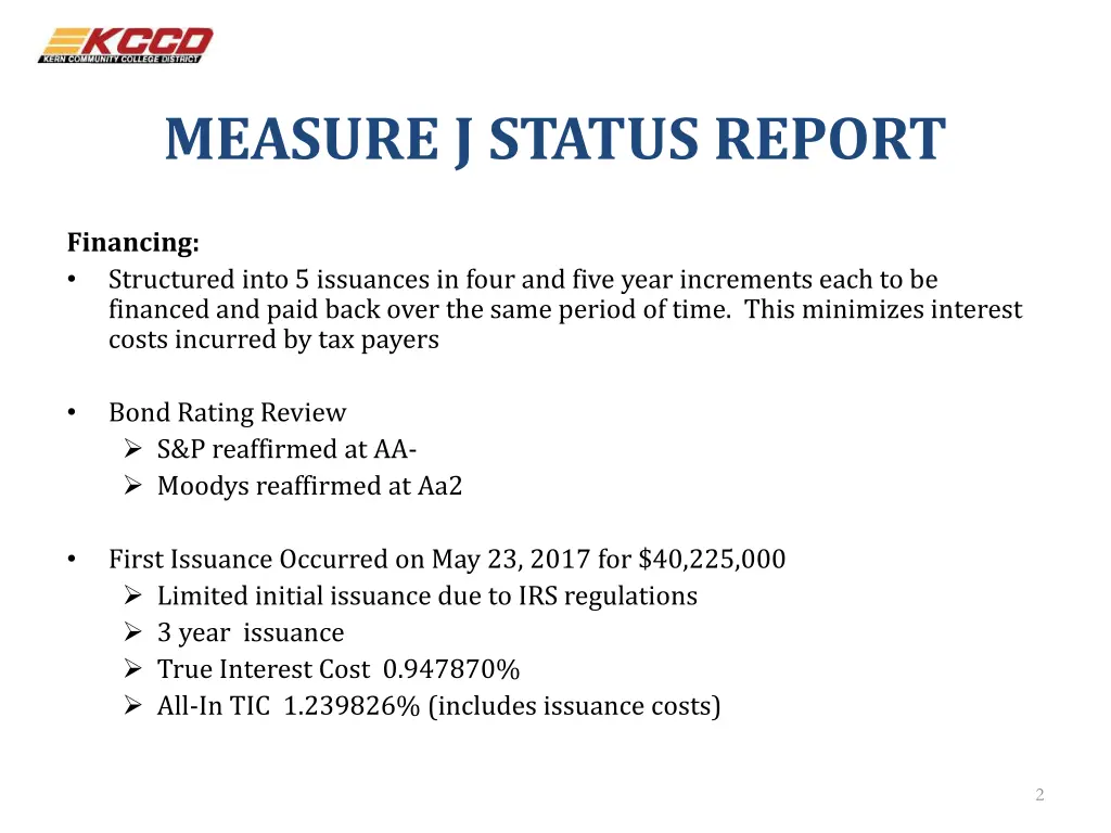 measure j status report 1
