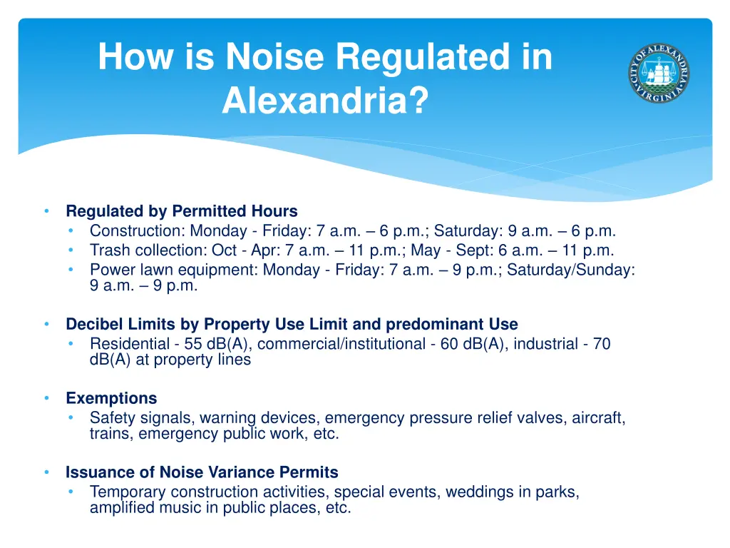 how is noise regulated in alexandria