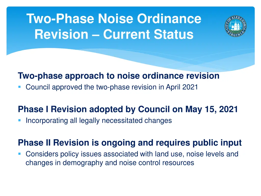 two phase noise ordinance revision current status