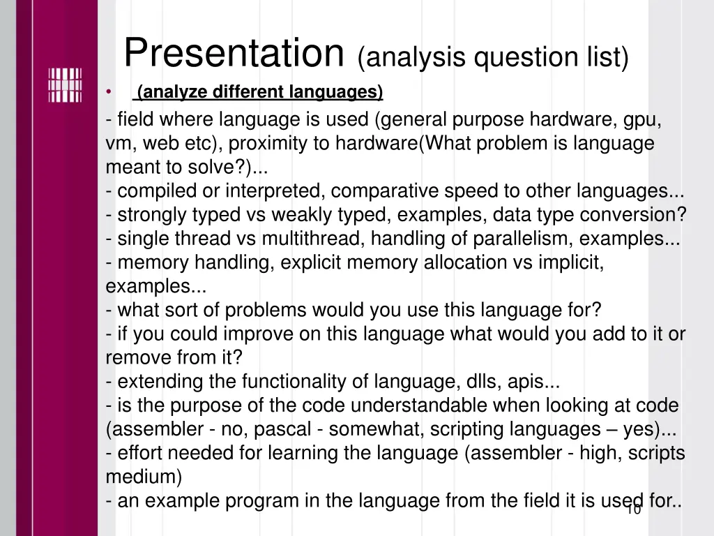 presentation analysis question list analyze