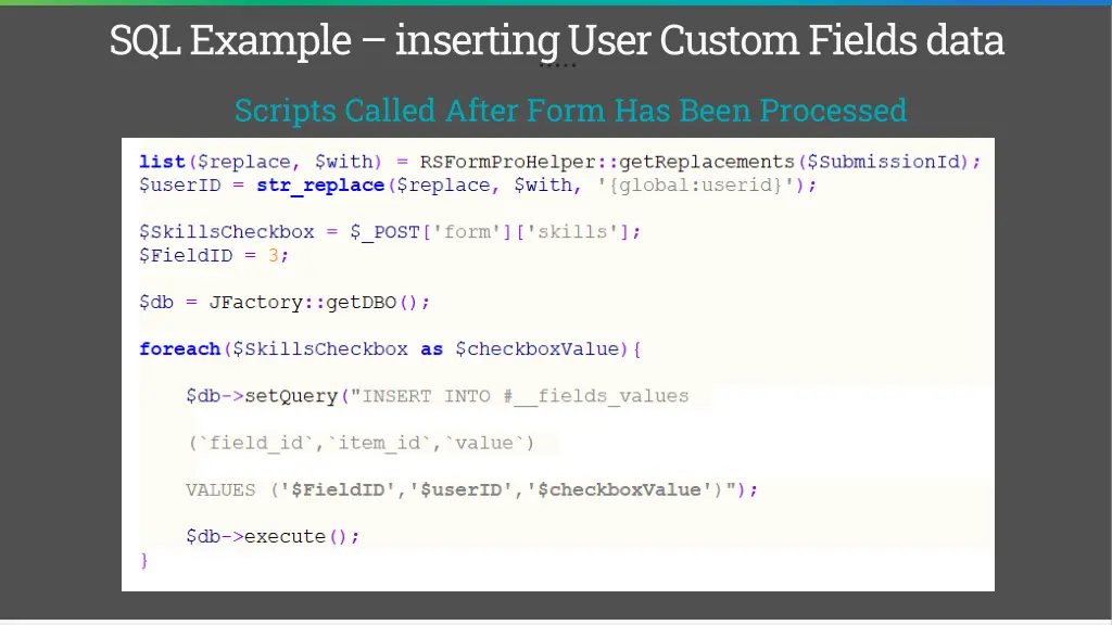 sql example inserting user custom fields data