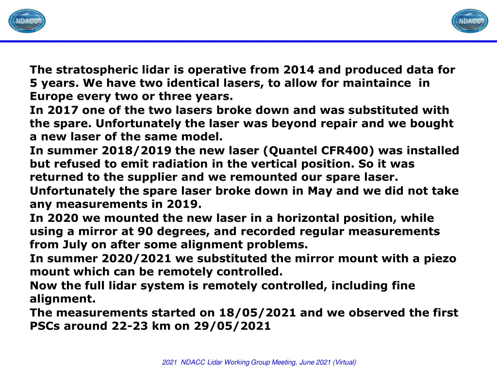 the stratospheric lidar is operative from 2014