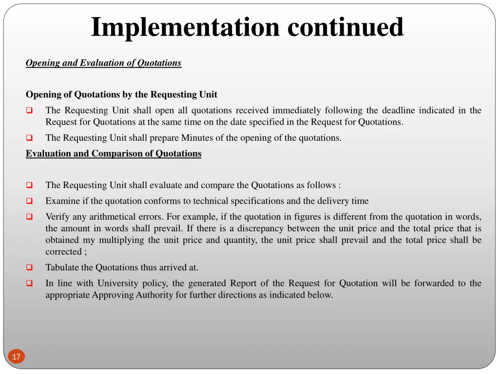 implementation continued
