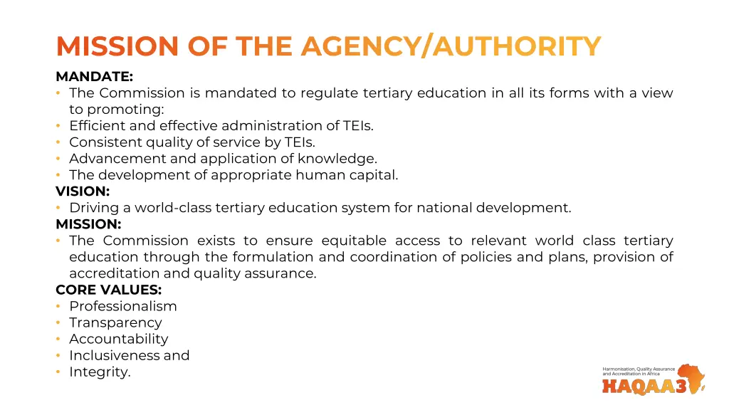 mission of the agency authority mandate
