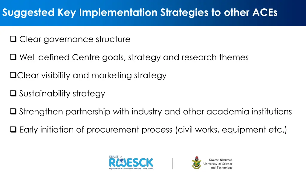 suggested key implementation strategies to other