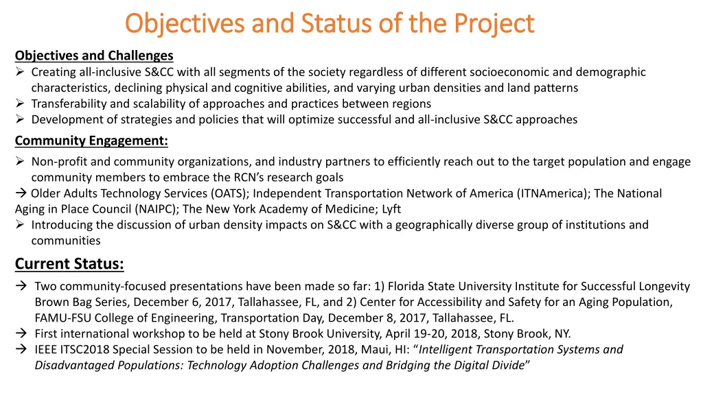 objectives and status of the project objectives
